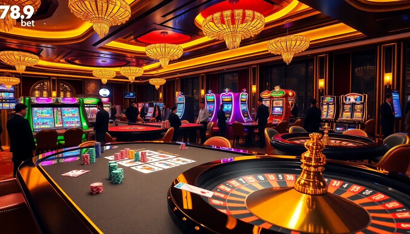 Exciting gamblers engaging at a vibrant casino table with 789bet branded chips and cards.