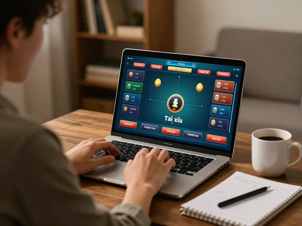 Tài xỉu online player engaging in a strategic gaming session at home with laptop interface displayed.