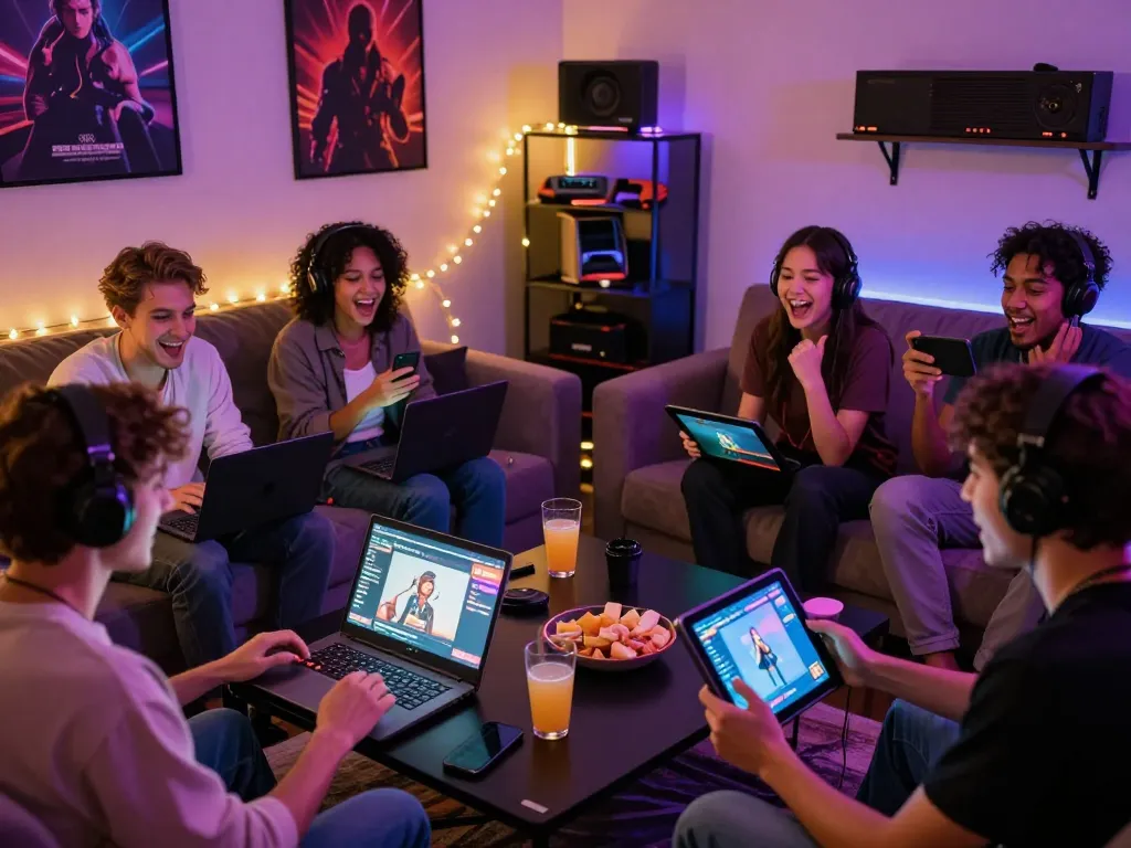 Group enjoying a lively gaming session while playing a sex game in a cozy lounge.