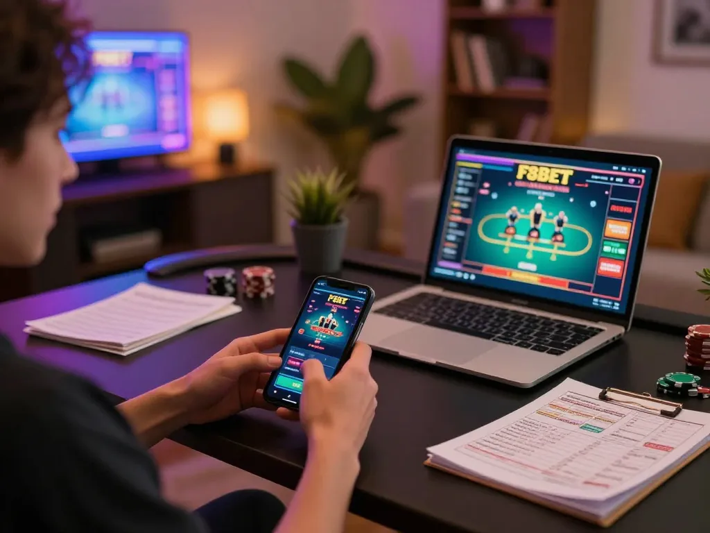 Engaging in F8BET online casino gameplay with smartphone and strategic notes in a cozy home environment.