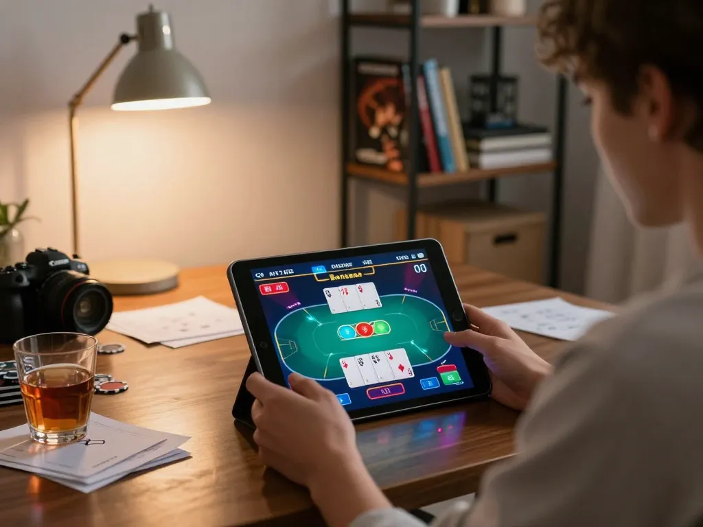 Player enjoying an exciting online game of poker at home using a tablet on the coffee table, showcasing xin88's gaming interface.