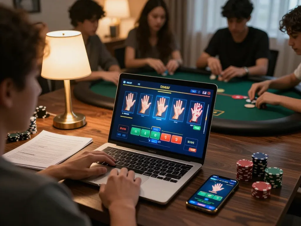 Go8 players strategizing their next move in an online poker game using laptops and smartphones
