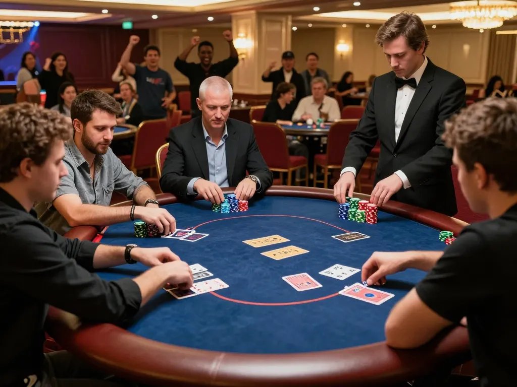 Players are strategizing in a high-stakes poker game at QH88go casino, showcasing intense focus and competition.