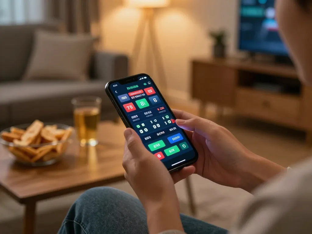 Engaging sports betting experience using vb88 apk on a smartphone in a cozy living space.