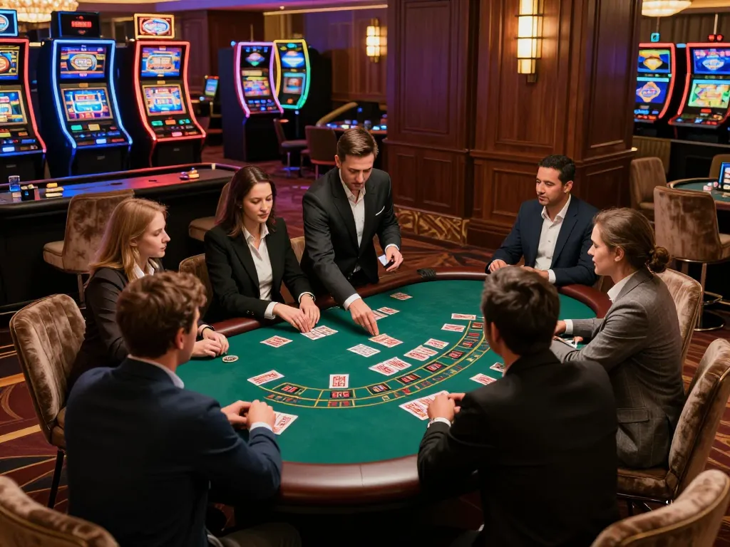 Players enjoying blackjack at a vibrant casino table, featuring the keyword XX88 and highlighting an engaging gambling atmosphere.