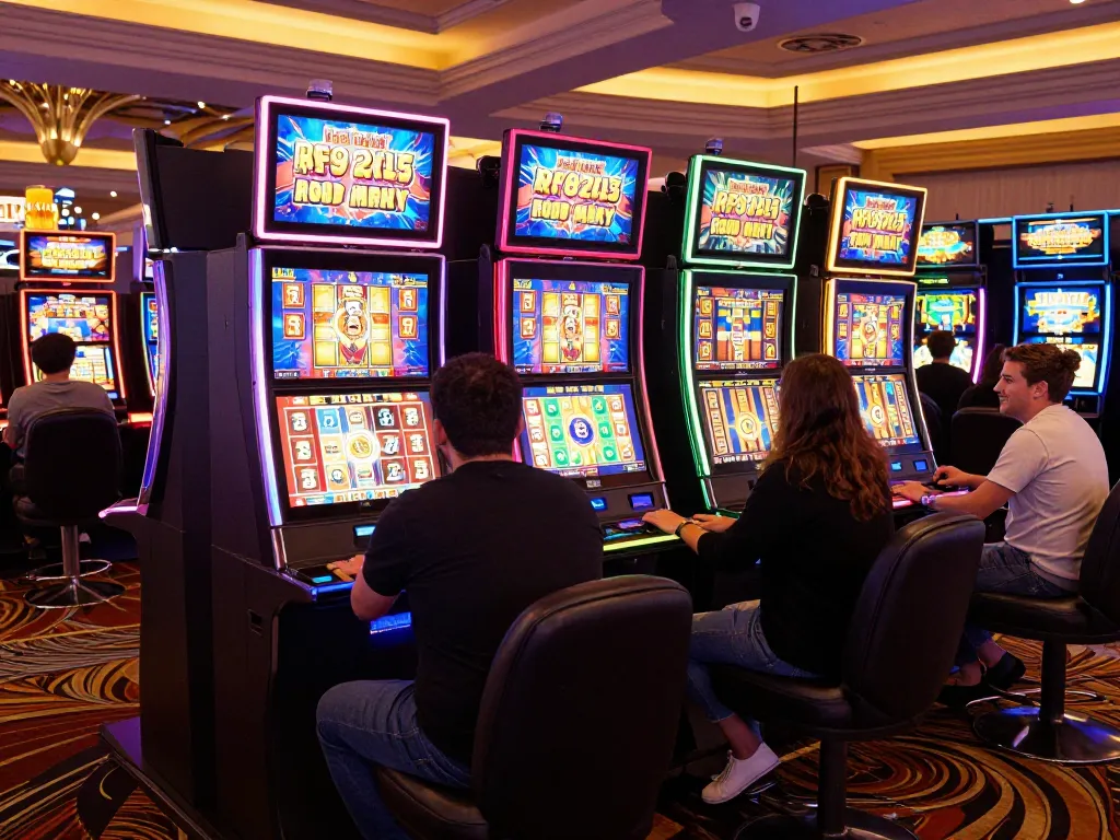 Engaged players enjoying Slot Malaysia at vibrant casino slot machines with festive lighting