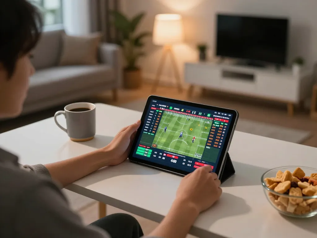 Engaging in real-time bongdalu sports betting with tablet in a cozy home setup.