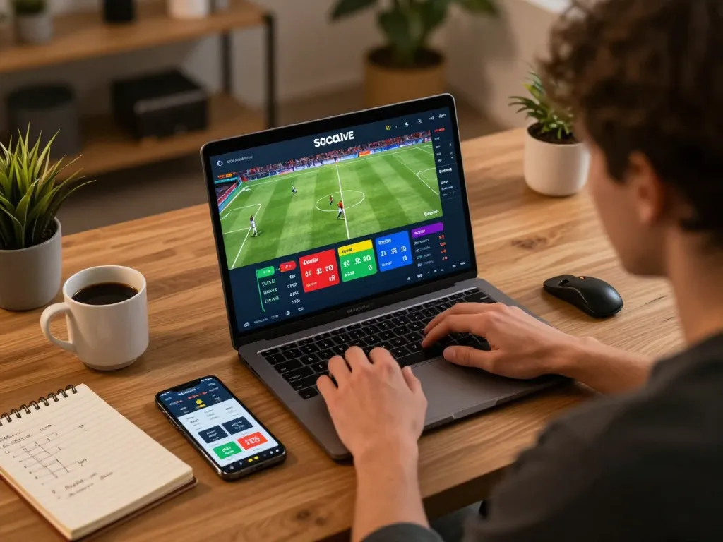 Socolive user engaged in live sports betting from home, focused on laptop screen displaying live matches.