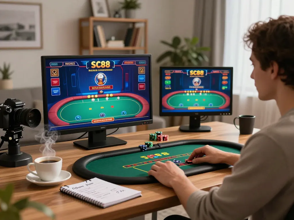 Player engaging with online SC88 casino games in a cozy home environment, showcasing responsible gaming practices.