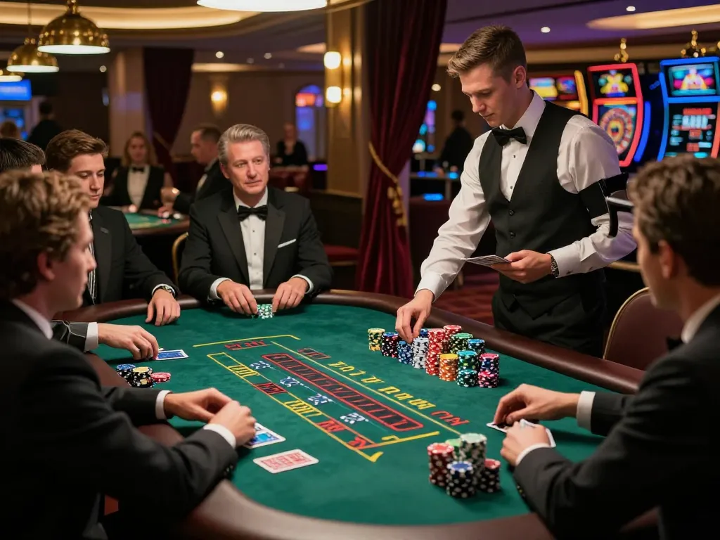 C168 players strategizing at a luxury blackjack table with vibrant casino ambiance