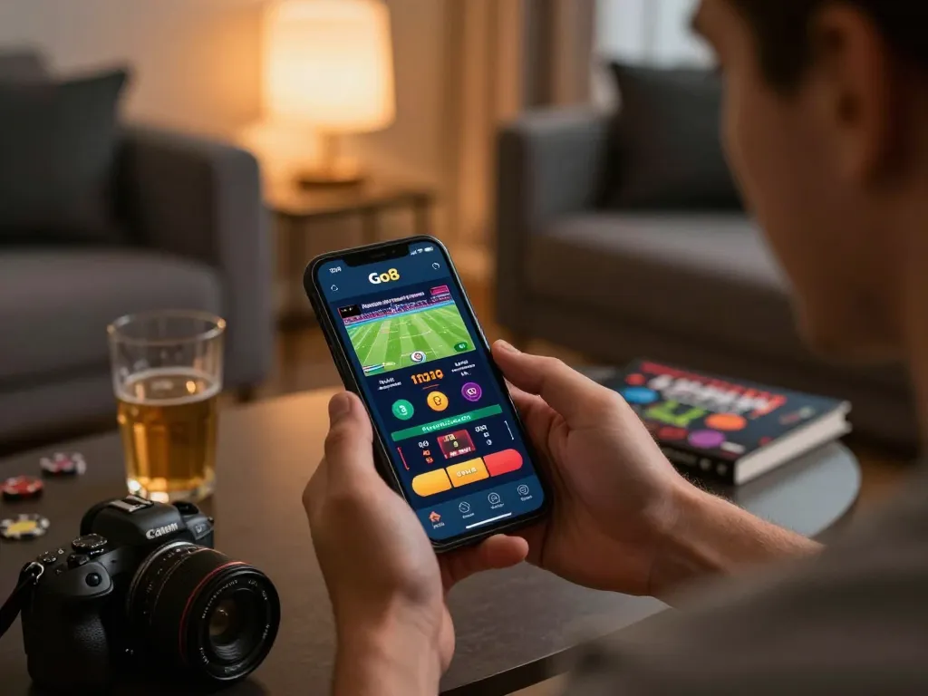 Player enjoying Go8 mobile casino gaming in a cozy setting with strategic betting elements