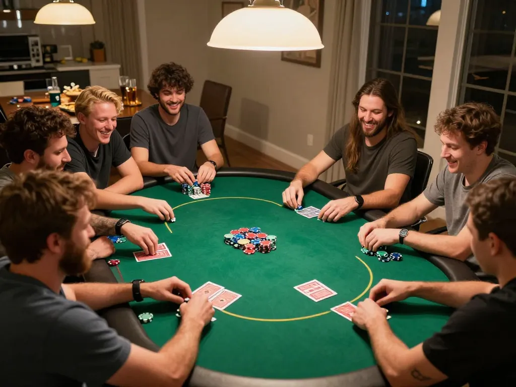 Friends enjoying a lively home poker game at TR88, with colorful chips and cards creating an exciting atmosphere.