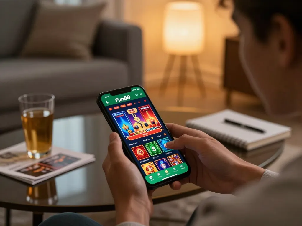 Engaging with the Fun88 app for thrilling online gambling experiences on a mobile device.
