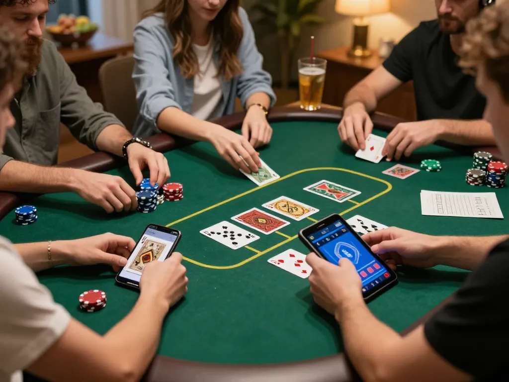 Engaging poker gameplay on gamebaidoithuong8, with players in a cozy setup and strategic notes.