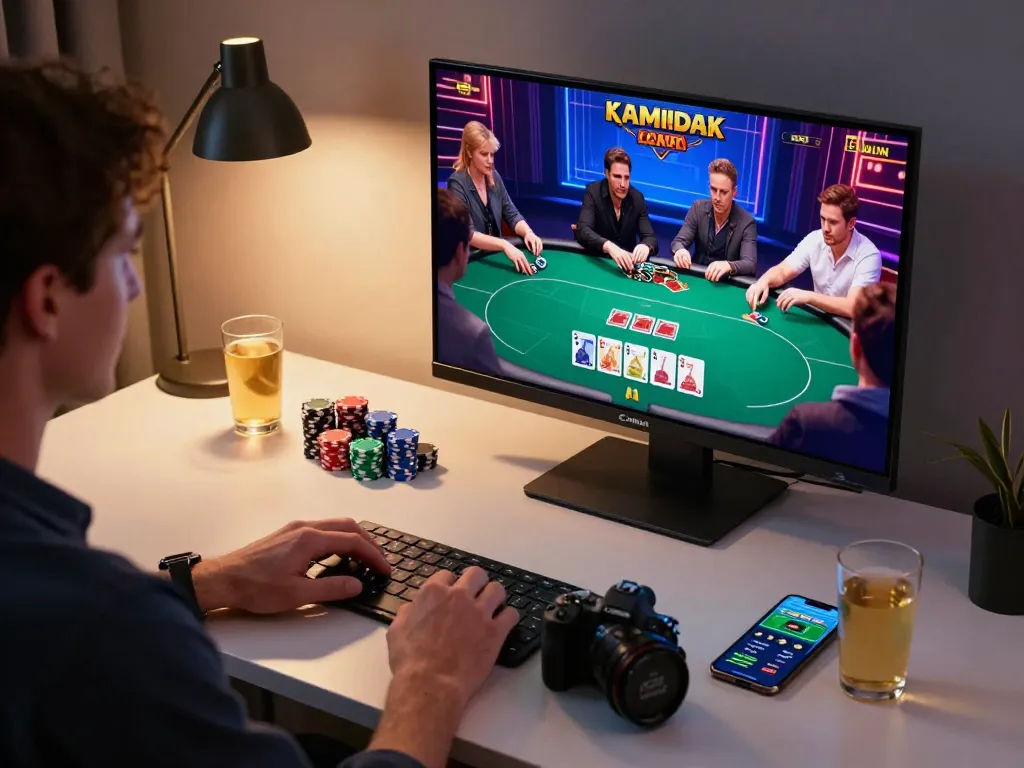 Bong88 player engaged in an online poker game at a modern desk with chips and betting apps