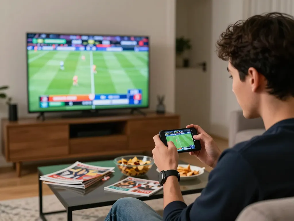 Person using keobongda app for sports betting at home, watching live game on TV.