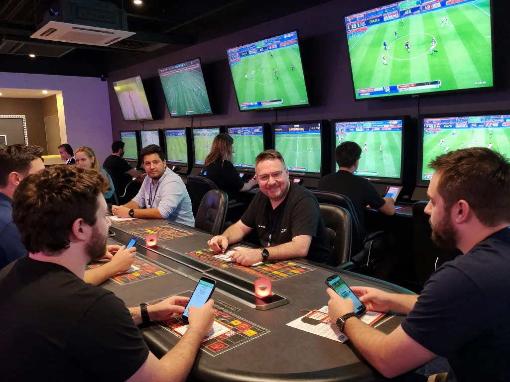 Sporting excitement of soi kèo bóng đá betting at a modern casino with live matches displayed