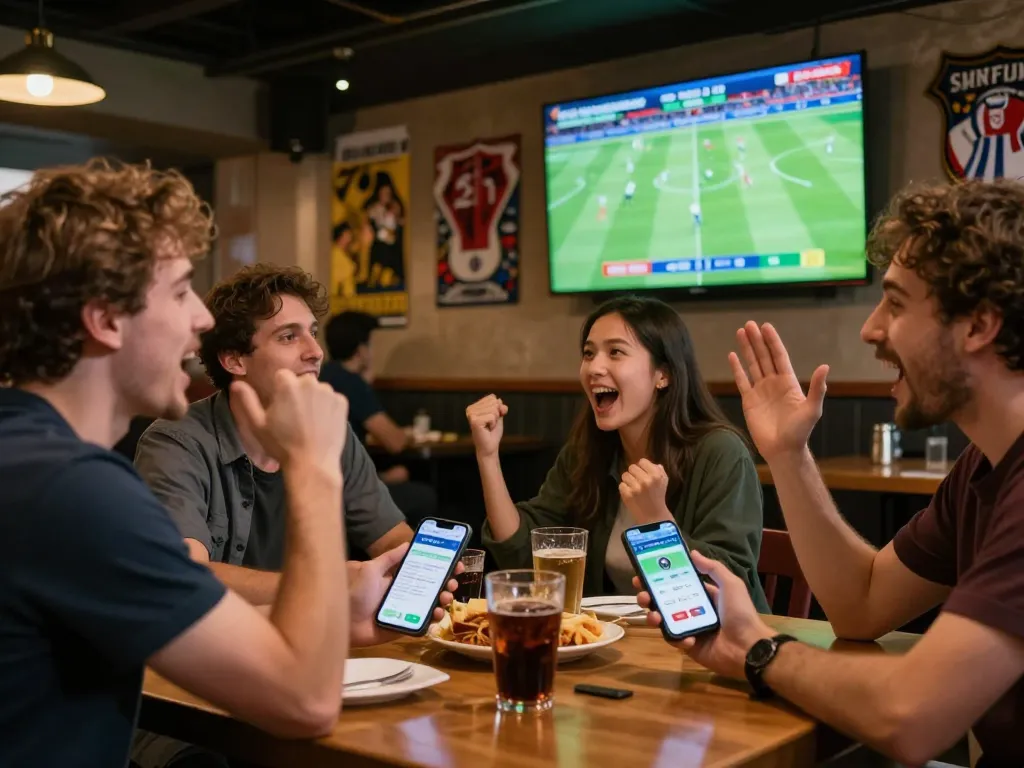 Watch friends engage in sports betting using cakhia tv app during a live football match.