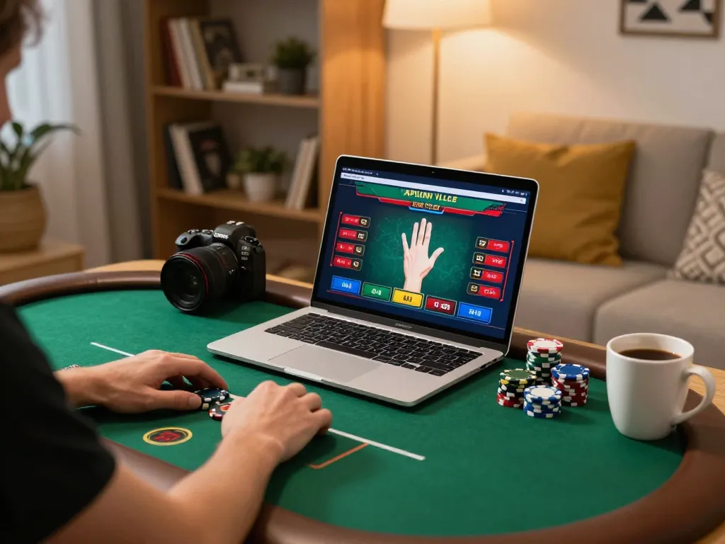 Engaging online gaming moment with a focused player using nhacaiuytinn for poker strategies in a cozy home.