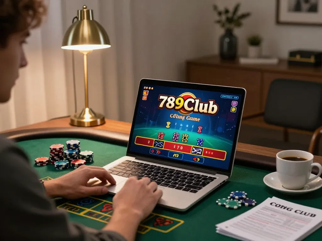 Cổng game 789Club shows a player engaging in a live dealer blackjack game on a laptop, highlighting an exciting online gambling experience.