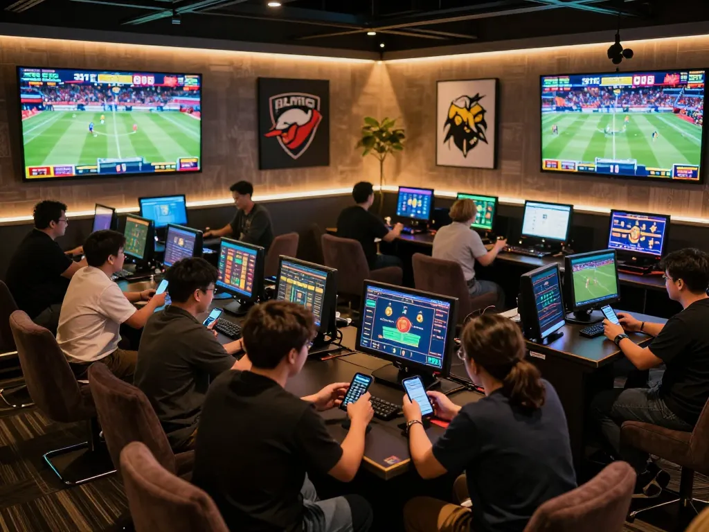 Engaged bettors analyzing sports odds at tylekeonhacai88’s lively betting lounge, showcasing modern gaming strategies.