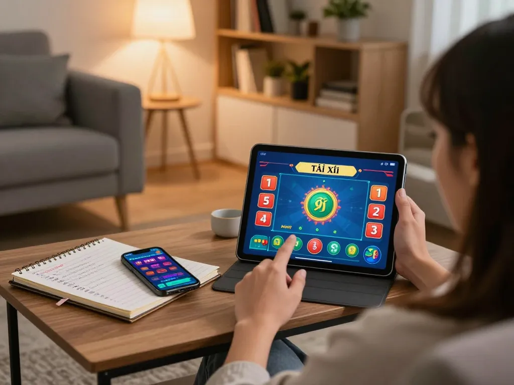 Player engaged in Tài Xỉu online at home using taixiuonline8, showcasing tablet interface and strategy notes.