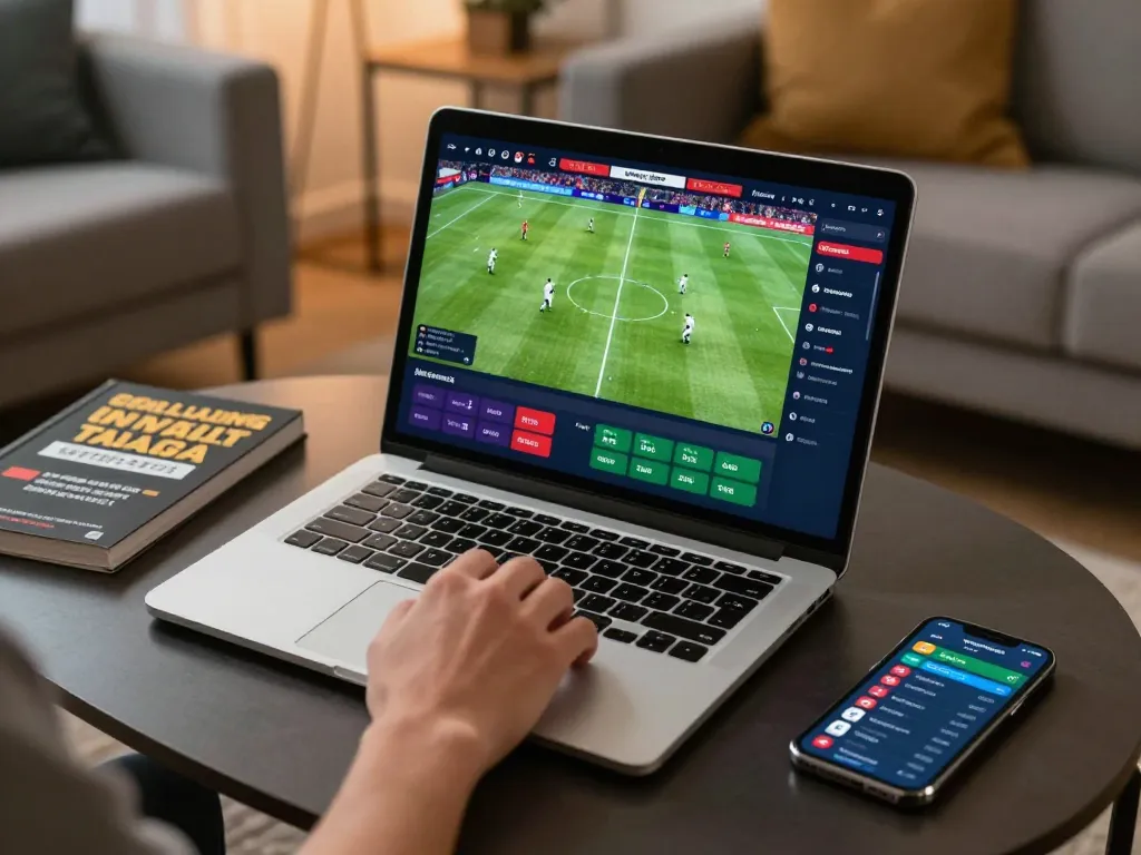 Placing bets on football matches with 789BET interface in a cozy setting during a live game