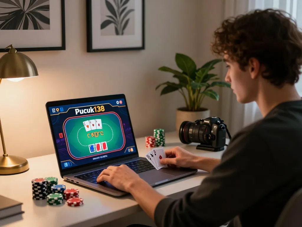 Pucuk138 online poker gameplay with a player focused on their laptop at a stylish desk