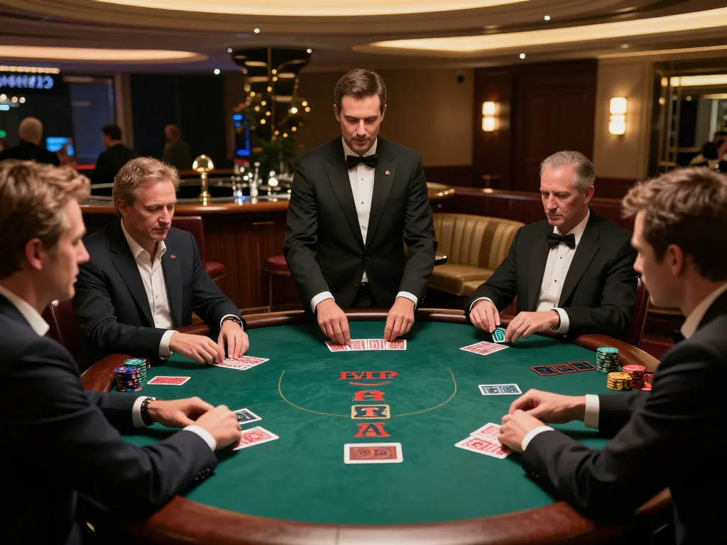 Intense blackjack game at DH88a casino, with players strategizing and dealer presenting cards.