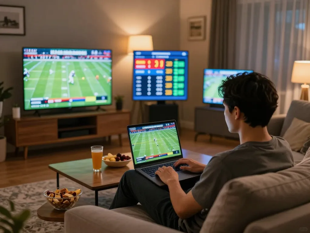 1gom user engaged in sports betting from home, laptop displaying live odds and game stats