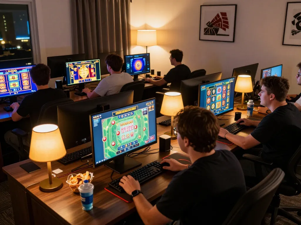 B52 Club players engaging in online gaming with vibrant slot machines, showcasing excitement and immersive play.