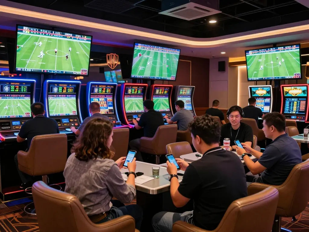 nhandinhkeonhacai bettors analyzing odds and strategies in a modern sports betting lounge.