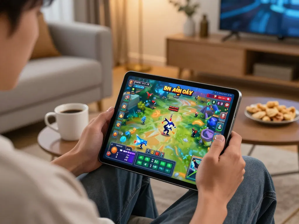 Engaged player enjoying bắn cá đổi thưởng on a tablet in a cozy living room.