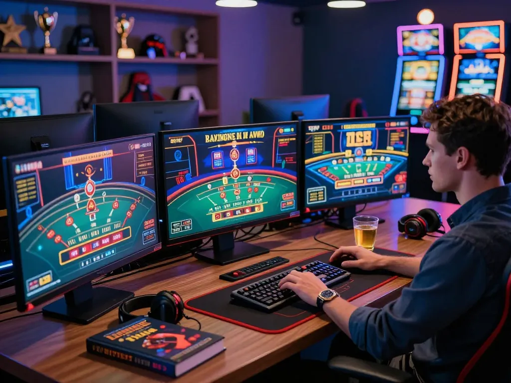 Engaged player using 789win for online casino gaming at a high-tech setup with multiple screens.