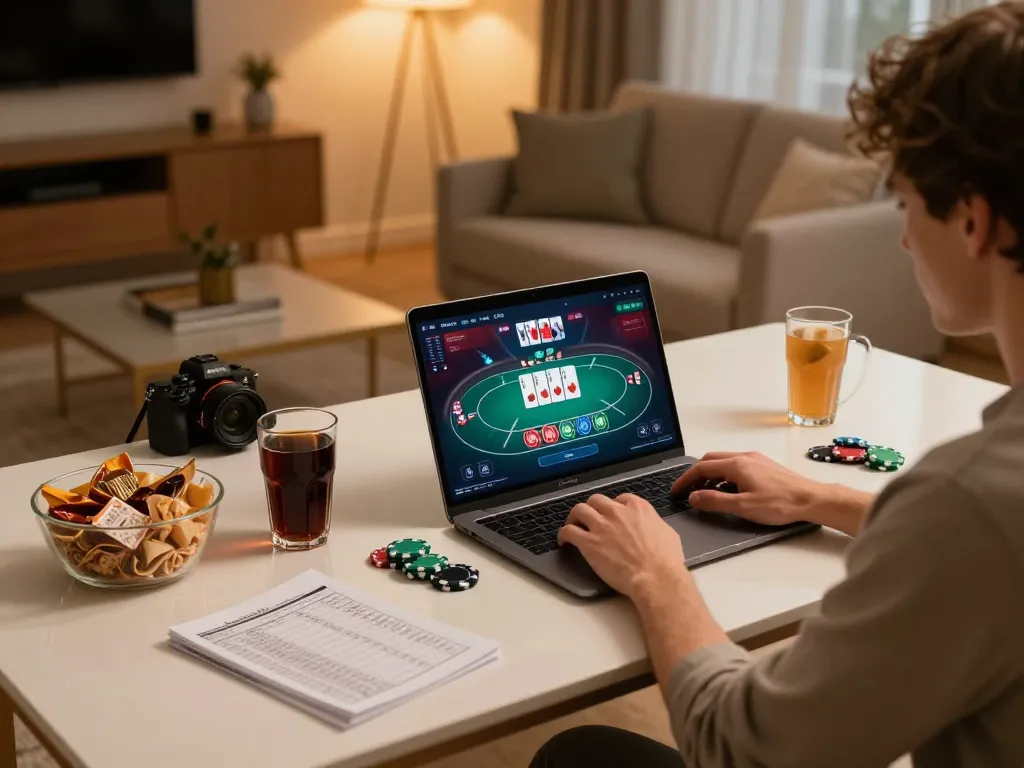 Engaging in poker gameplay on Hitclub's online casino platform, showcasing a cozy home setup.