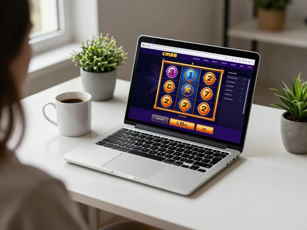 Engaging online gameplay at cm88, featuring vibrant slot graphics on a laptop with a cozy coffee setting.