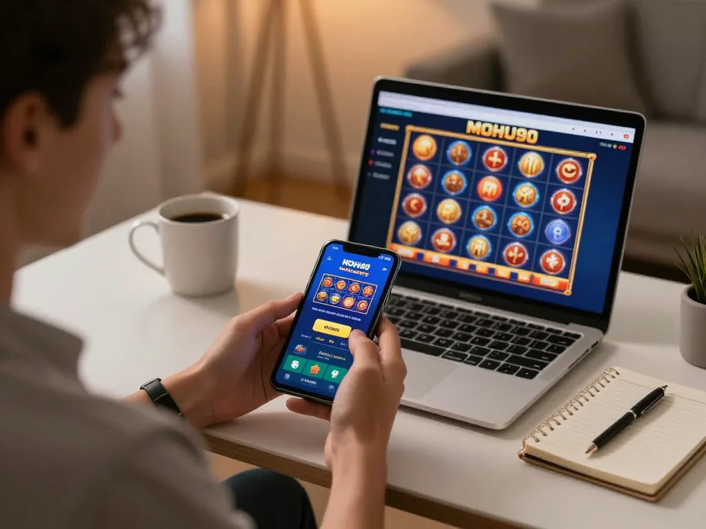 Player enjoying NOHU90 online casino on smartphone in a cozy home office atmosphere.
