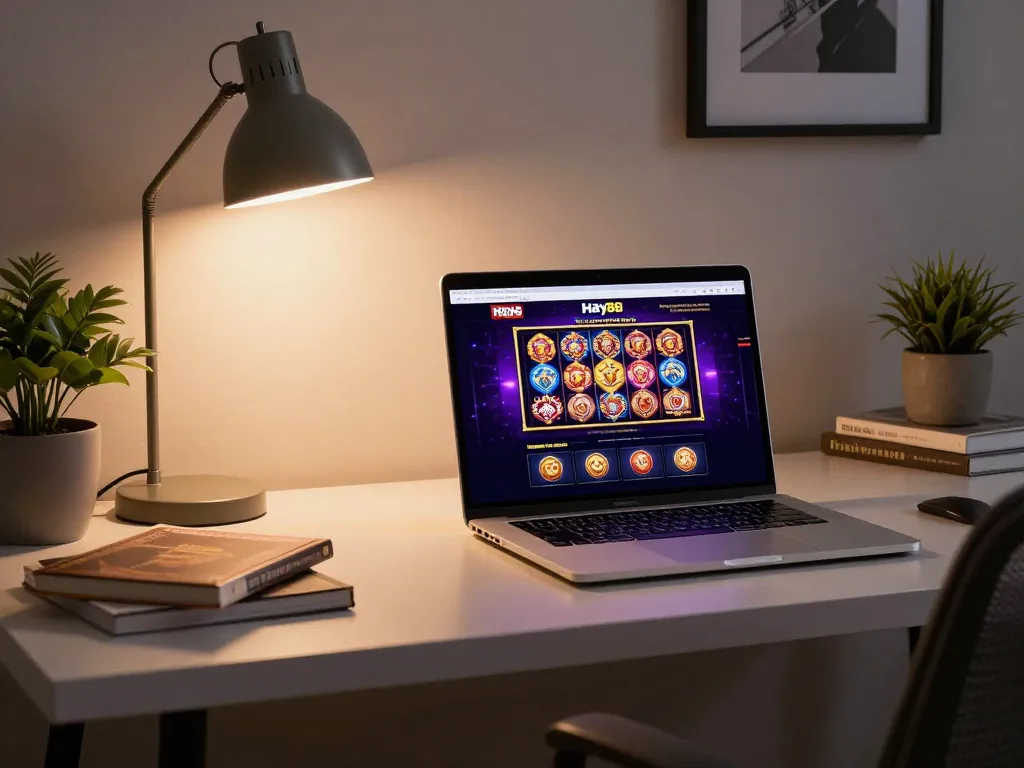 Engaging with Hay88's online casino interface on a stylish laptop, inviting home setting