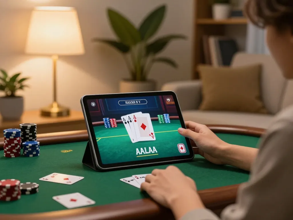 Player engaged in a poker game on NK88 app in a cozy home setting, showcasing strategic gambling.