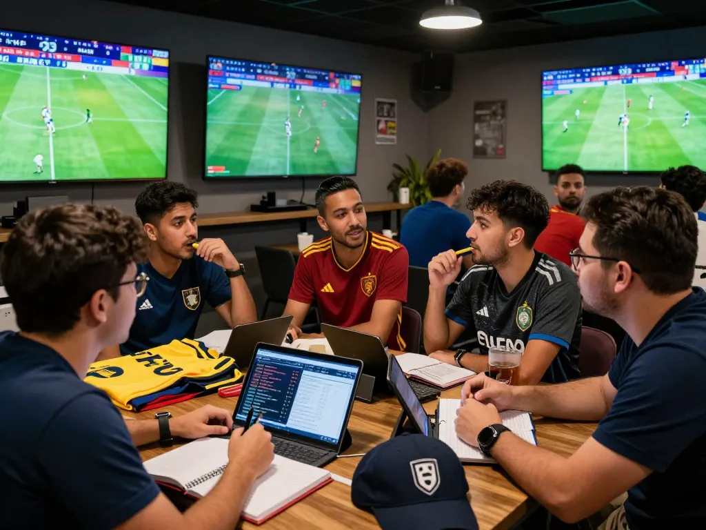 Fans discussing live soccer scores and betting odds on nowgoal in a vibrant sports lounge.