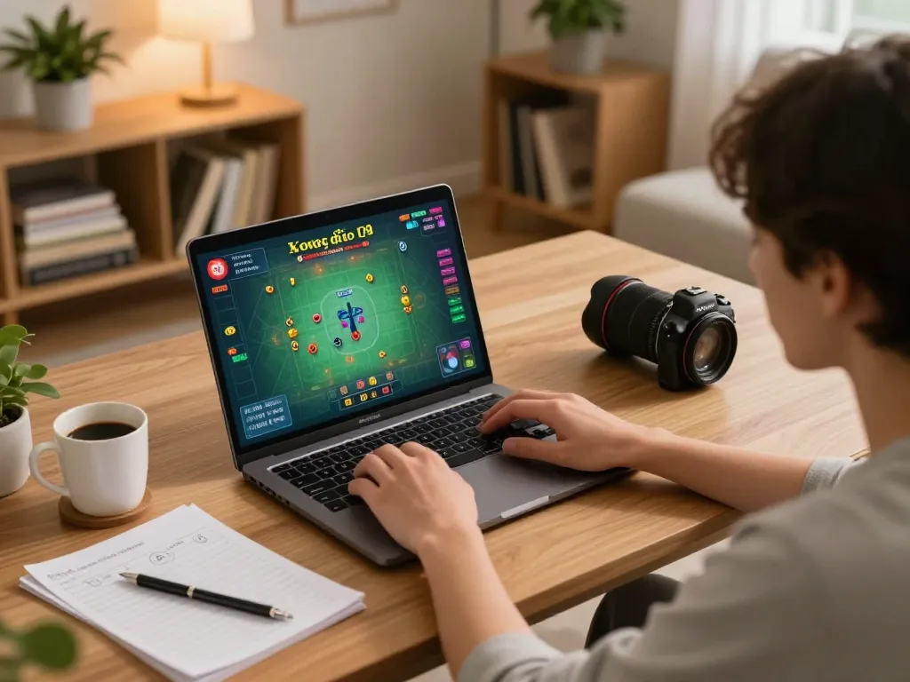 Xóc đĩa online gaming setup with a player analyzing strategy notes in a cozy home.