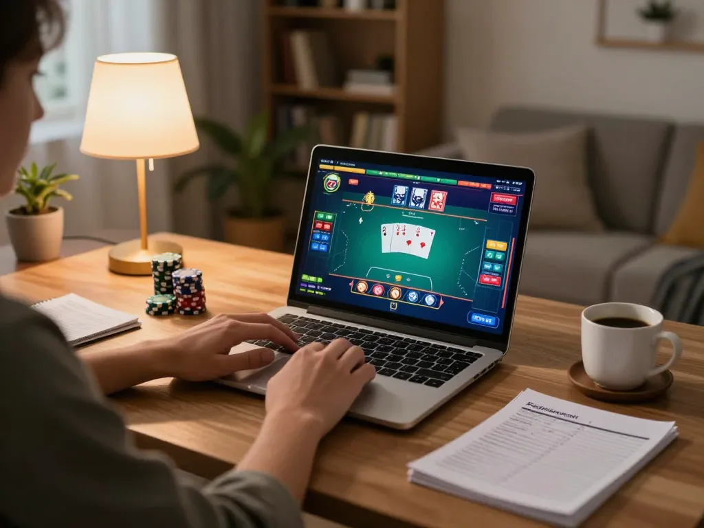 Engaging poker gameplay on a laptop showcasing com betting options in a cozy, stylish home setup.
