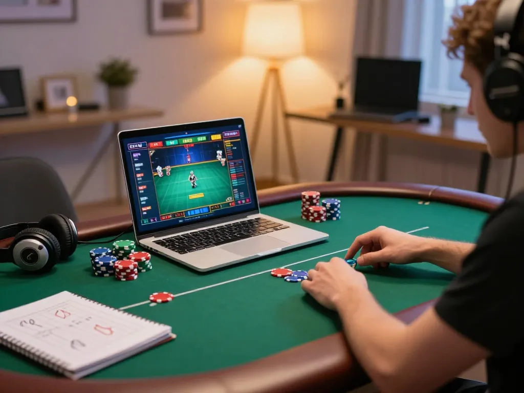 Player engaging in an online poker game on 789p platform, vibrant colors and setup showcasing strategy.