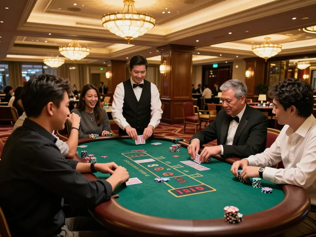 Players enjoy blackjack at a stylish casino, showcasing the thrill of fly 88 gaming.