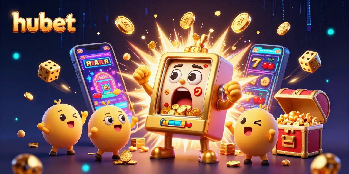 hubet jackpot moment with a golden slot machine celebrating coins near a colorful casino game lobby.