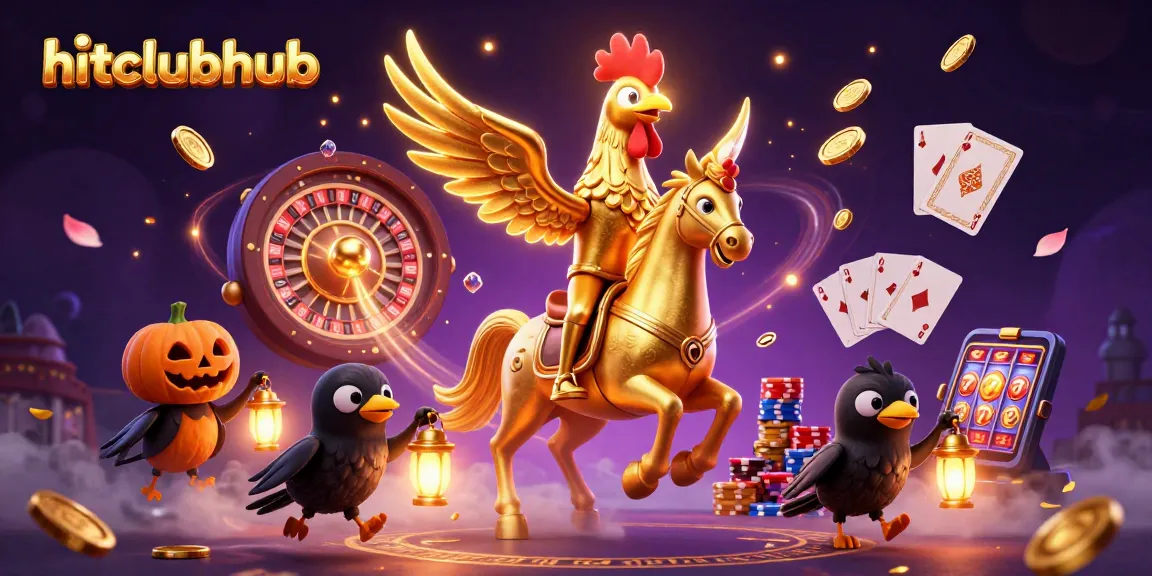 Spin the reels at hitclubhub with a golden rooster in a vibrant casino scene, showcasing dynamic gaming elements.