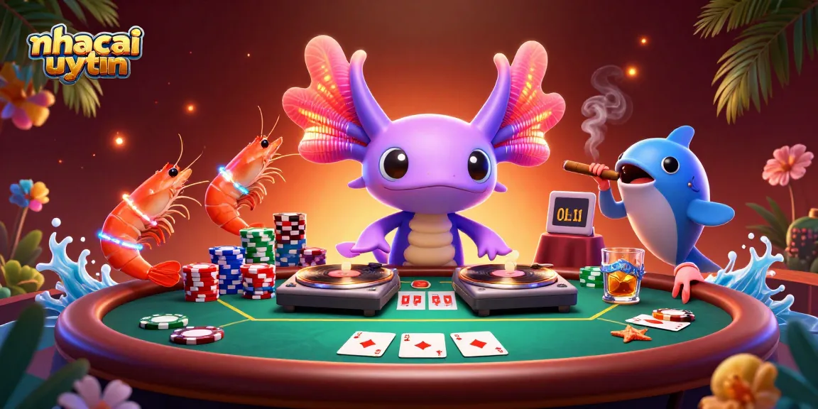 Experience vibrant action with nhacaiuytin featuring DJ axolotl, poker elements, and dancing sea creatures!