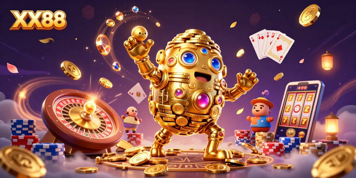 Spin and win at XX88 with vibrant 3D casino elements and a golden golem!
